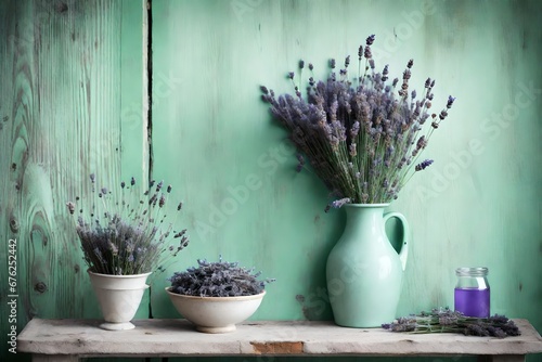 lavender in a pot against green wooden background 