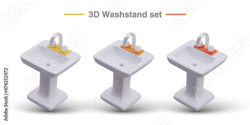 Realistic wash basin, top view. Washstand set. Sinks with faucets of different colors. Isolated images for plumbing equipment website, shop. Installation, connection, repair of sanitary ware