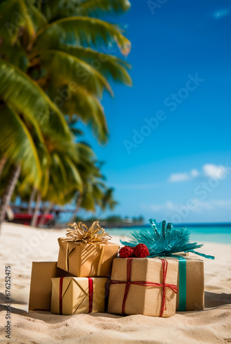 Christmas presents in the sand on a tropical beach. Concept of traveling on a Christmas holiday and celebrating the holidays somewhere warm. Shallow field of view.
