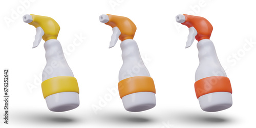Set of spray bottles in different colors. Trigger pistol spray cleaner. Isolated realistic images with shadows. Icons for website of household goods, mockup for advertising detergents