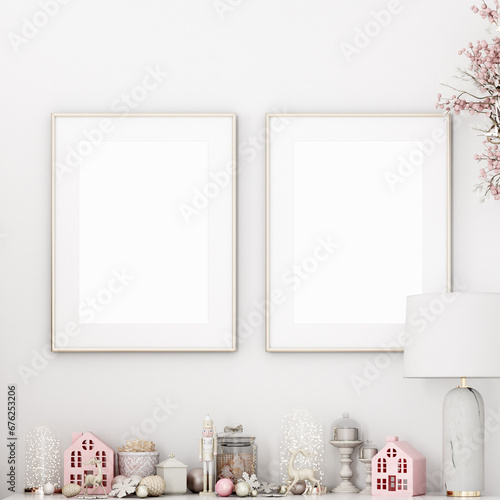 Christmas frame mockup in Christmas interior pink-white colors