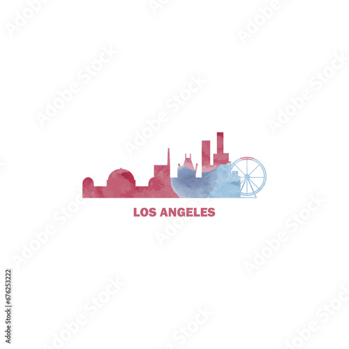 Los Angeles city US watercolor cityscape skyline panorama vector flat modern logo icon. USA, California state of America emblem with landmarks and building silhouettes. Isolated red and blue graphic