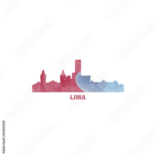 Lima watercolor cityscape skyline city panorama vector flat modern logo, icon. Peru megapolis emblem concept with landmarks and building silhouettes. Isolated graphic