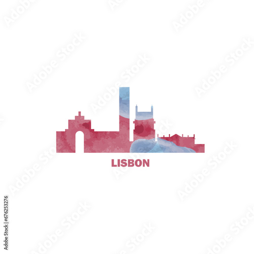 Lisbon watercolor cityscape skyline city panorama vector flat modern logo, icon. Portugal megapolis emblem concept with landmarks and building silhouettes. Isolated graphic