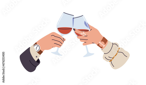 Wineglasses cheers. Two hands holding wine glasses, clinking. Man and woman, love couple celebrating holiday, dating with alcohol drink. Flat graphic vector illustration isolated on white background