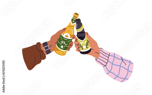 Hands with glass bottles, toast. Friends holding beer, drinking alcohol, cheers. Two people meeting, celebrating holiday, clinking. Flat graphic vector illustration isolated on white background