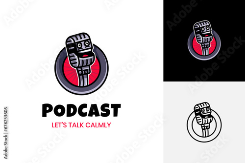Podcast Speak vector Logo or Standup Character Logo design. Singer Logo. Microphone and face or talk symbol vector illustration