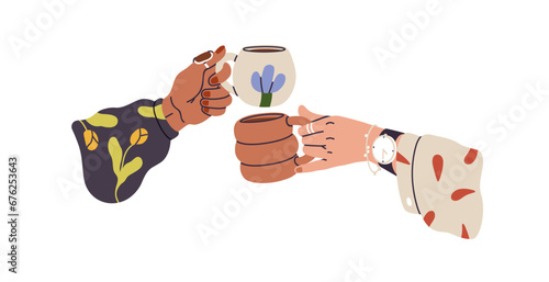 Hands holding tea cups. Coffee mugs cheers. Girls friends, couple drinking hot beverage, celebrating. Breakfast gathering, meeting. Flat graphic vector illustration isolated on white background