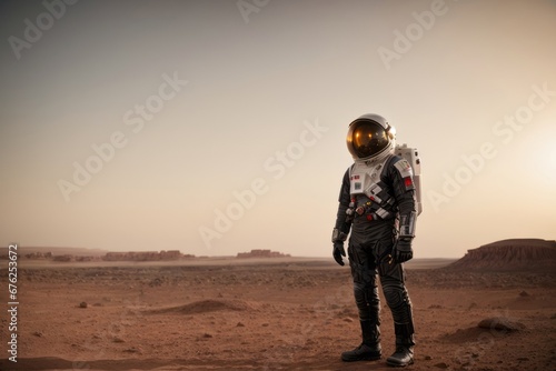 Male Astronaut Putting on a Spacesuit in the planet Mars © liliyabatyrova