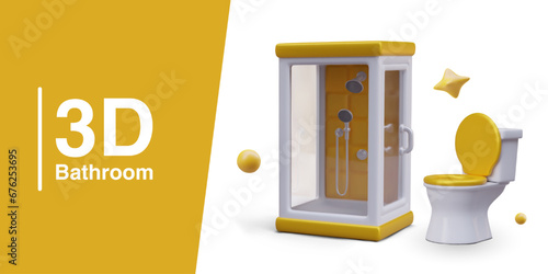Shower cabin, toilet with golden seat, bubbles, stars. Luxurious modern sanitary ware. Vector color 3D elements for advertising store, plumbing services