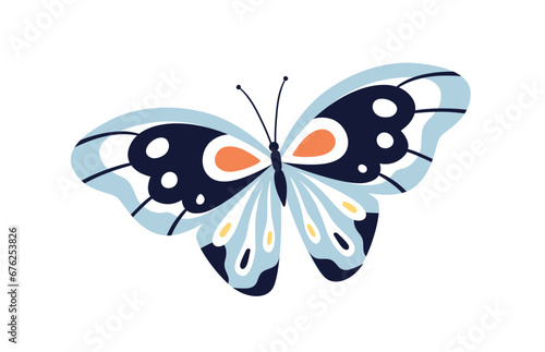 Beautiful tropical butterfly flying. Exotic moth with antennae and wings. Spring and summer insect. Abstract fauna species. Flat graphic vector illustration isolated on white background