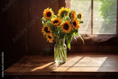 Wallpaper Mural A rustic wooden table with a bouquet of vibrant sunflowers placed in a glass Torontodigital.ca