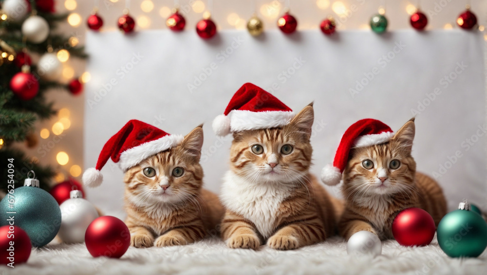 Cute kittens wearing Santa Claus red hat. Merry Christmas and Happy New Year decoration around (balls, toys and gifts). X-mas postcard Cute kittens wearing Santa Claus red hat. Merry Christmas and Happy New Year decoration around (balls, toys and gifts). X-mas postcard