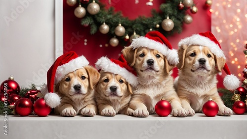 Cute puppies wearing Santa Claus red hat. Merry Christmas and Happy New Year decoration around (balls, toys and gifts). X-mas postcard