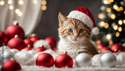 Cute kitten wearing Santa Claus red hat. Merry Christmas and Happy New Year decoration - balls, balloons, toys and gifts around. X-mas postcard