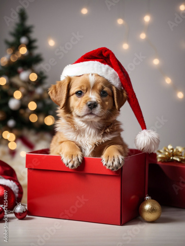 Cute puppy wearing Santa Claus red hat sits in the box under the Christmas tree. Merry Christmas and Happy New Year decoration - balls, toys and gifts around. X-mas postcard