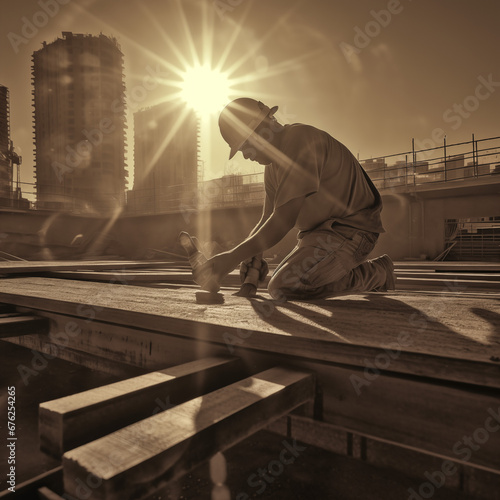 Baustellen-Dynamik: Ein Bauarbeiter bei der Arbeit in der Sonne