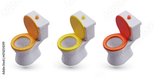 Set with toilet with gold red, gold and orange lid. New ceramic toilet bowl isolated on white background. Realistic model for home. Vector illustration