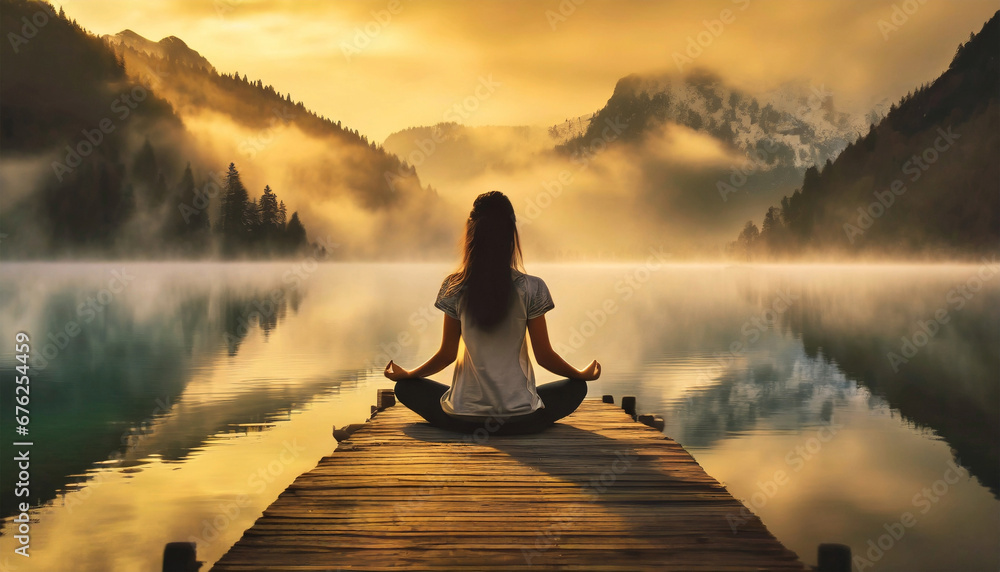A young woman is meditating with her legs crossed sitting on a wooden pier on the shore of a beautiful mountain lake at sunrise or sunset. - obrazy, fototapety, plakaty 