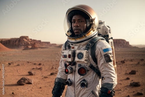African American Male Astronaut wearing a silver spacesuit in the planet Mars. Copy Space © liliyabatyrova