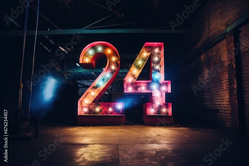 Happy new year 2024 neon light. Colorful design, trendy style, Number 24
