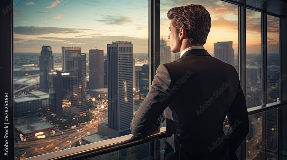Businessman looking out from a balcony.
Businessman looking out from a balcony.