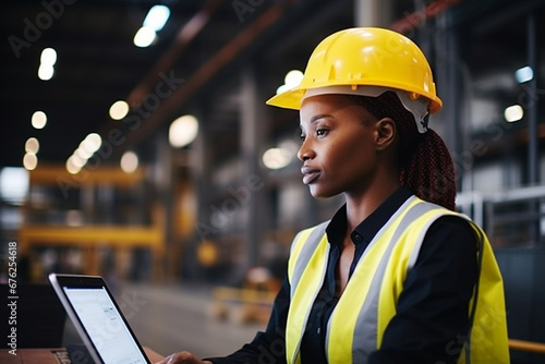 Portrait of a Black Female Engineer in Hard Hat Standing and Using Laptop Computer at Electronic Manufacturing Factory, Technician Thinking About Daily Tasks and Working on Project Pipeline