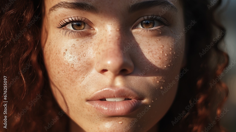 Close up of middle of a mixed race woman's face with freckles.
Close up of middle of a mixed race woman's face with freckles.