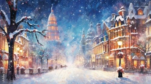 Snow-covered streets with illuminated buildings, horse carriages, and a dominant cathedral. Winter city landscape.