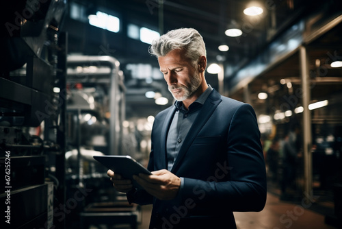 Valokuva Portrait of a businessman using a digital tablet in the production line of a fac