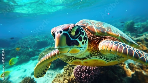 Close-up of sea turtle swimming underwater over coral reef, Indian Ocean, Mauritius. 