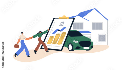 Rich family couple buying new house and car, investing in real estate. Property purchasing and money investment plan, financial strategy. Flat vector illustration isolated on white background
