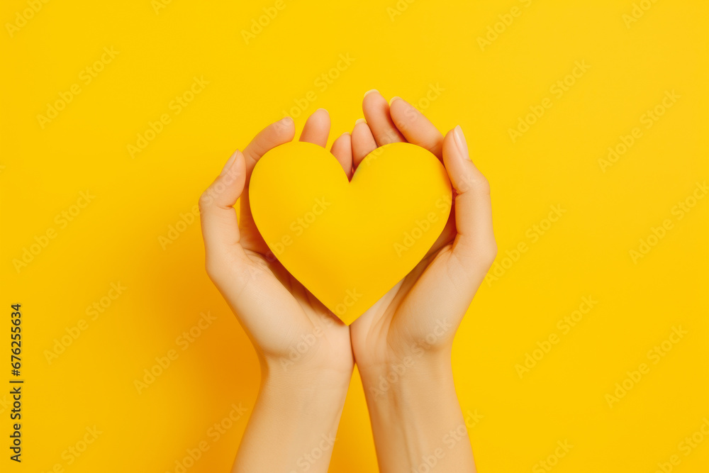Manos de mujer sujetando un corazón amarillo en fondo amarillo. - obrazy, fototapety, plakaty 