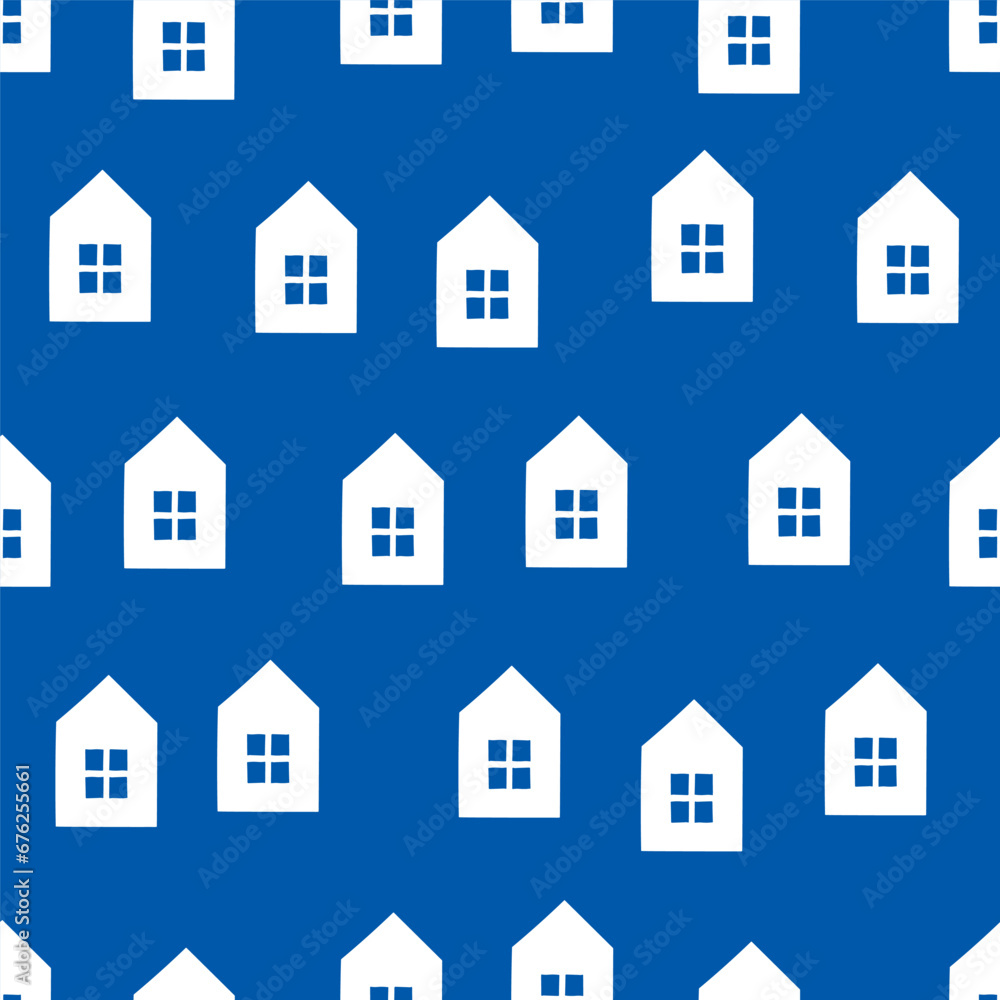 Blue seamless pattern with white tiny houses
