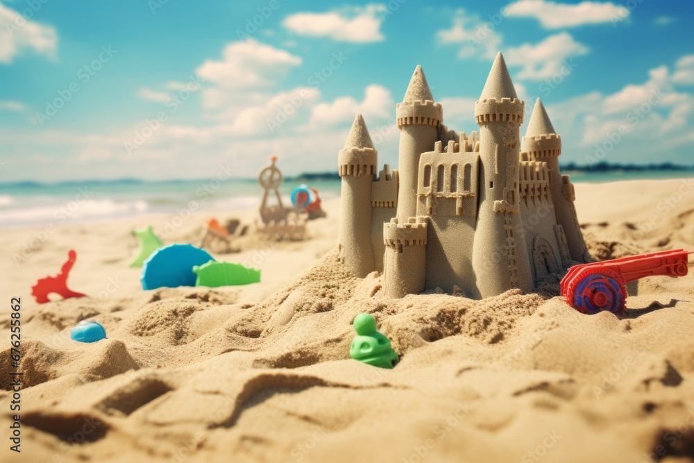 Abandoned sand castle with children toys next to it Abandoned sand castle with children toys next to it