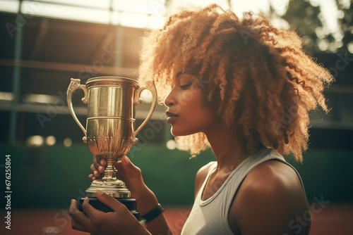 The best shot of a female black tennis player is kissing on her winner trophy to celebrate the victory isolated on black, yellow, white, tennis court background.Generative AI.