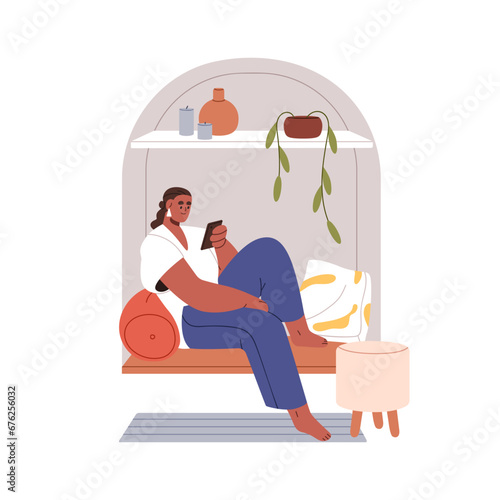 Woman relaxing with mobile phone at home. Girl with smartphone, surfing inter...