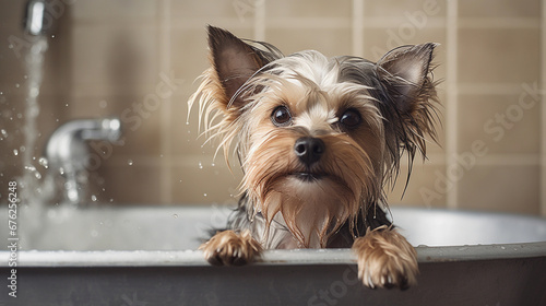 yorkshire terrier dog in a bath. Pet bathing and grooming concept
