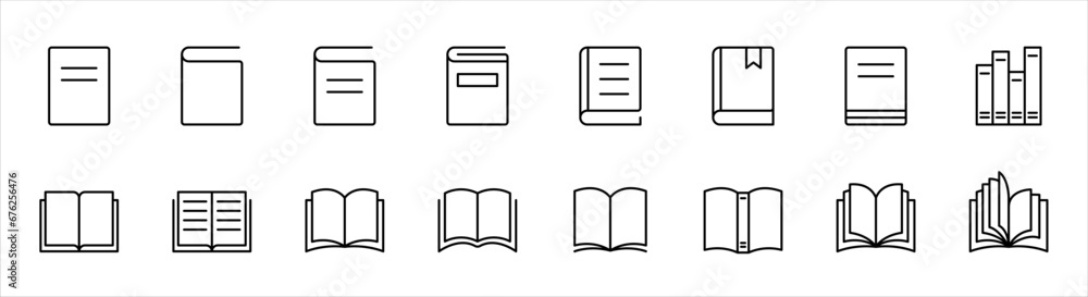 Book icon set. Line book icon. Library book symbol. Open and close textbook. Editable stroke. Vector illustration. - obrazy, fototapety, plakaty 