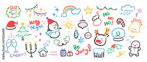 Merry Christmas and winter season doodle element vector. Set of bauble ball, crystal ball, snowman, gingerbread, reindeer, gift, candle, wine glass. Happy holiday collection for kids, decorative.