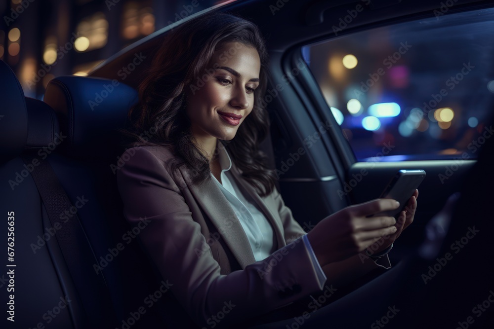 Beautiful young business woman smiling and using smartphone inside the car while traveling during a night. Contacting friends or business associates when you are away.