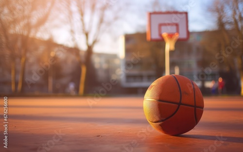 Below, basketball and net with sky in summer for shooting, scoring and points to win game. Hoop, rim and ball in closeup at basketball court for sports, competition or workout at playground, outdoor 