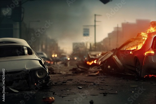 Concept of drink and drive danger: urban accident in town produced damaged and smashed car wrecks. After street accident collisions, rollover of smoking generic cars crashed and burning. © bennymarty