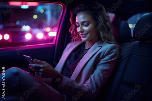 Beautiful young business woman smiling and using smartphone inside the car while traveling during a night. Contacting friends or business associates when you are away. photo