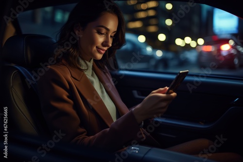 Beautiful young business woman smiling and using smartphone inside the car while traveling during a night. Contacting friends or business associates when you are away. © Kowit
