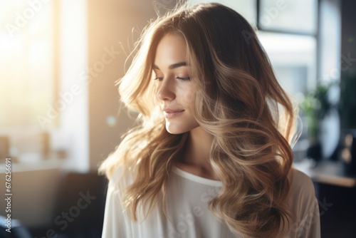 Beauty girl with long and shiny wavy Hair ,coloring and toning, shatush and balayash . Beautiful woman model with curly hairstyle.