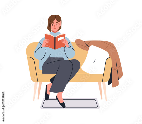 Woman reading book, sitting on sofa. Girl reader relaxing at home, resting with literature. Female on cozy couch, leisure time in apartment. Flat vector illustration isolated on white background
