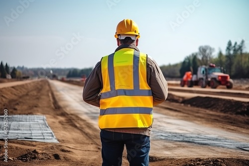 An Engineer inspectiong the progress of a road construction