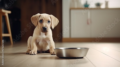 Hungry dog with sad eyes is waiting for feeding in home kitchen. Cute labrador retriever is holding dog bowl in his mouth. 