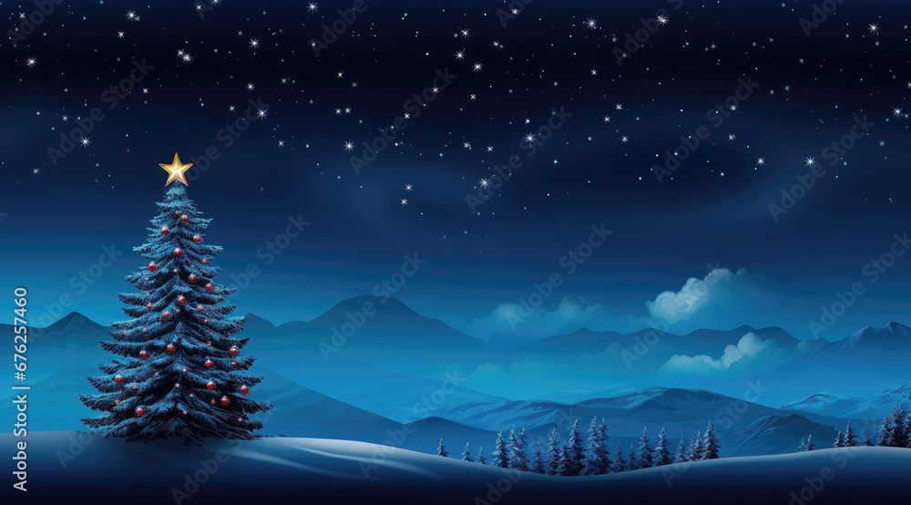 Illustrated tree under starry sky with mountains Illustrated tree under starry sky with mountains